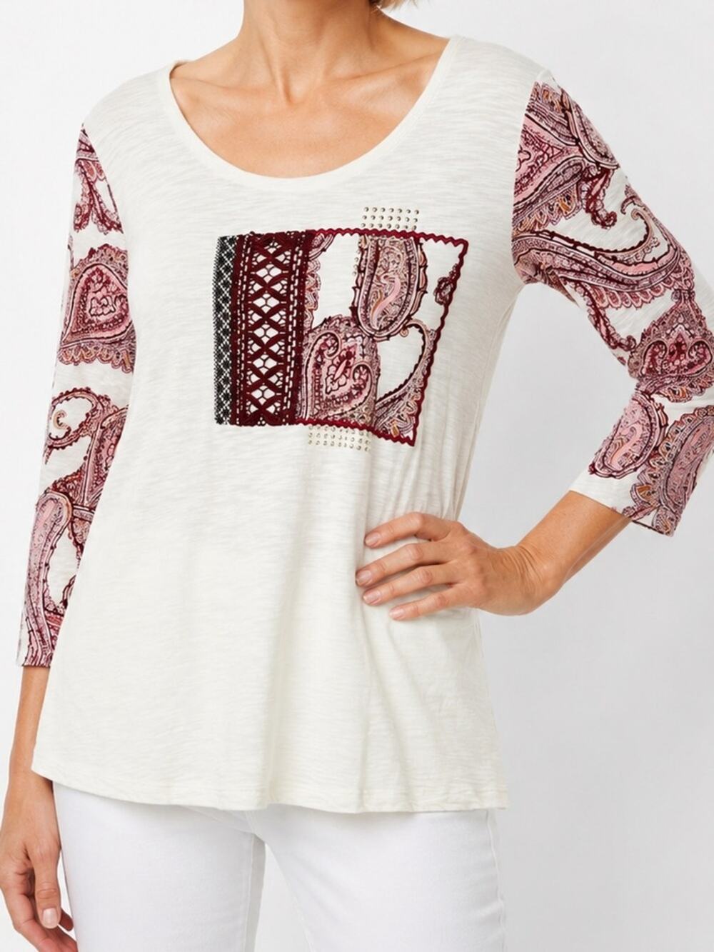 Chico’s Zenergy Paisley Lace Studded Top Cream Pink 3 XL 16 18